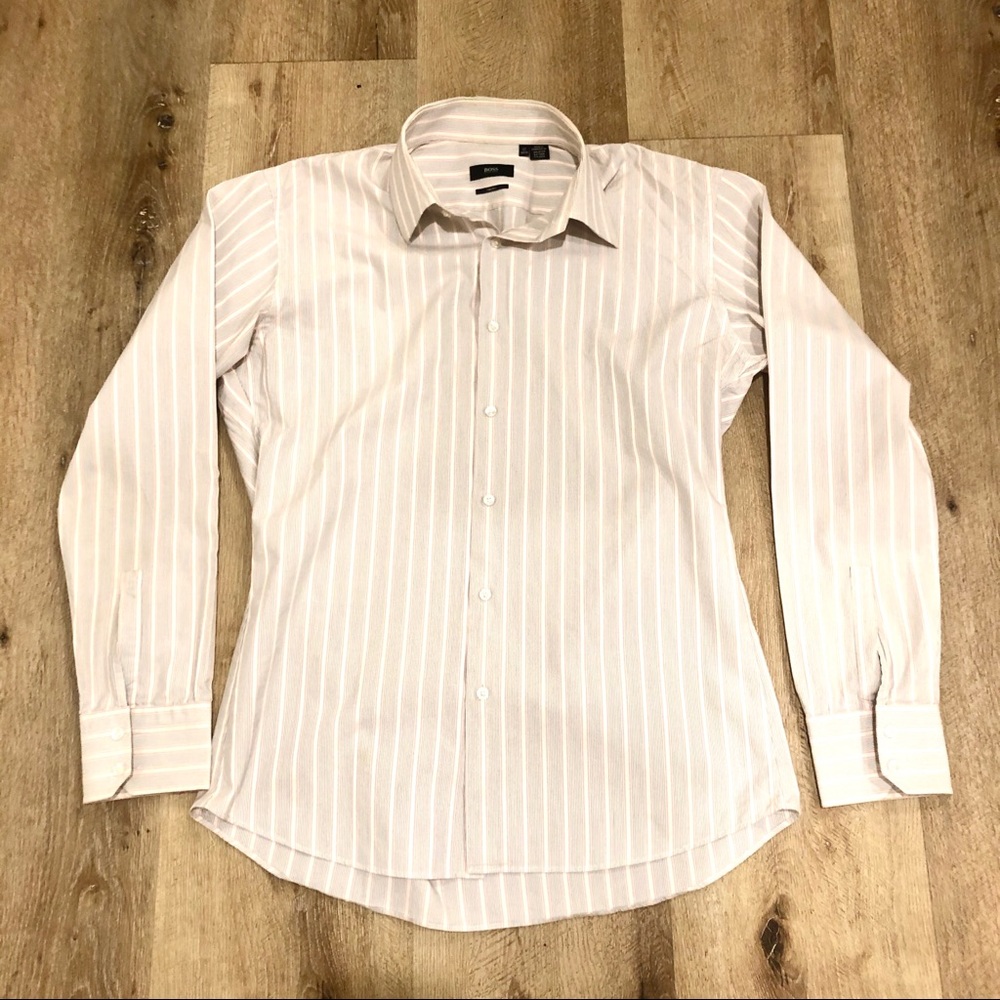 Hugo Boss Grey And Pink Striped Dress Shirt Large
